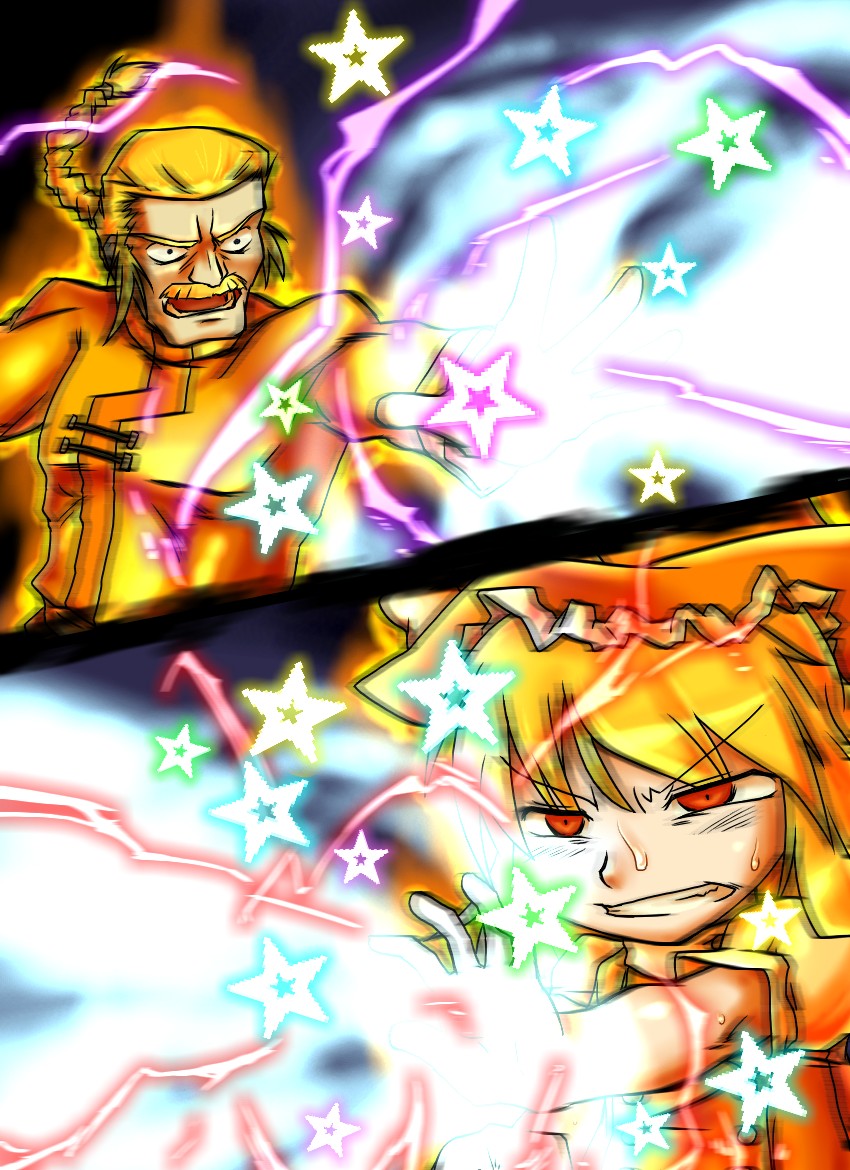 1boy, 1girl, blonde_hair, cinnamon_sabaku, crossover, g_gundam, gundam, hat