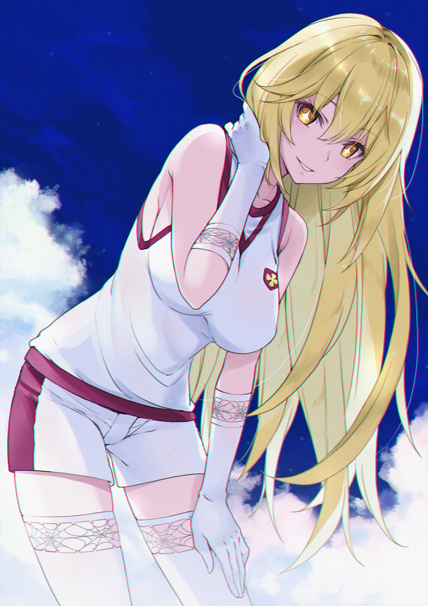 1girl, blonde_hair, breasts, cloud, cloudy_sky, cowboy_shot, day, denken