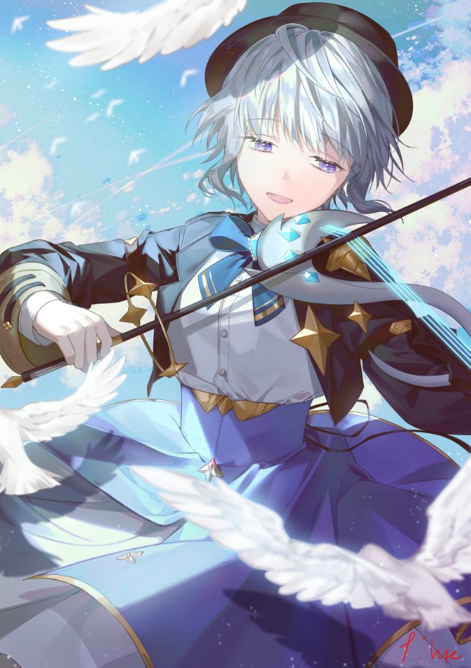 1girl, blue_eyes, blue_hair, bow_(music), dress, instrument, long_sleeves, looking_down