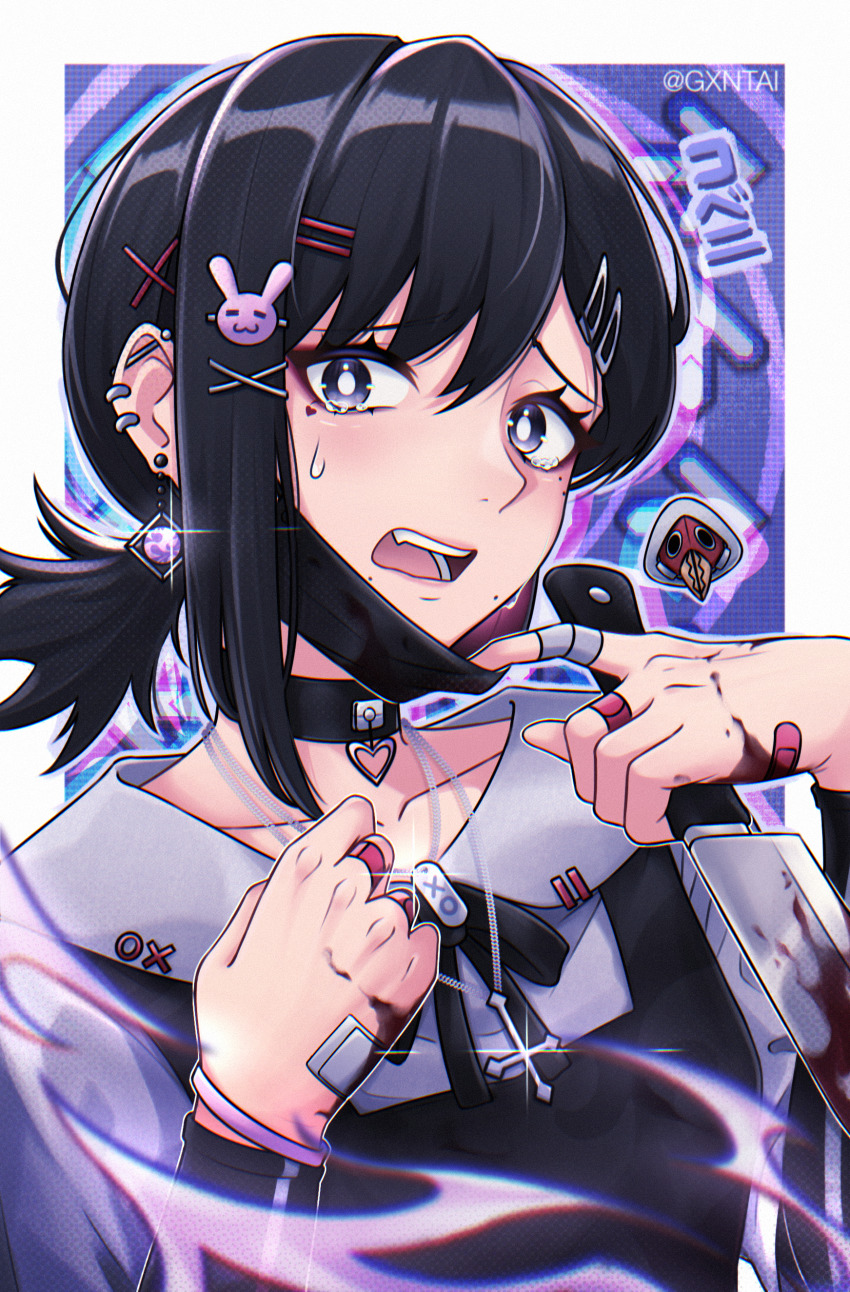 1girl, absurdres, alternate_costume, black_eyes, black_hair, blood, bloody_knife, chainsaw_man, cross, earrings, gantai-_(gxntai), hair_ornament, hairclip, higashiyama_kobeni, highres, holding, inverted_cross, jewelry, knife, looking_at_viewer, mask, mole, mole_under_eye, mole_under_mouth, nervous, open_mouth, ponytail, shirt, short_hair, short_ponytail, solo, sweat, unworn_mask, weapon