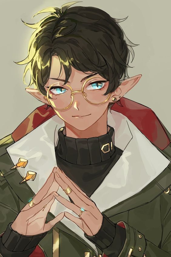 1boy, al_rashad, androgynous, bad_id, bad_twitter_id, blue_eyes, brown_hair, dark-skinned_male, dark_skin, earrings, elf, glasses, hoeeee_s2, jewelry, looking_to_the_side, lord_of_heroes, male_focus, pale_skin, pointy_ears, ring, solo, stud_earrings