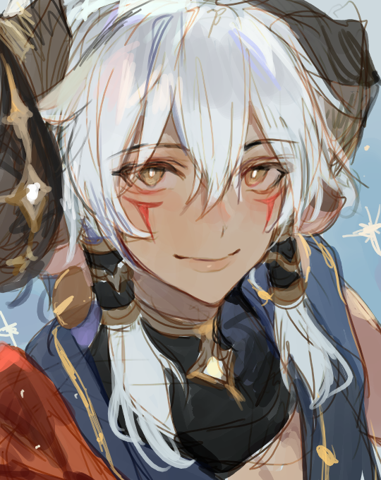 1boy, aries_(lord_of_heroes), brown_eyes, dark-skinned_male, dark_skin, horns, kuzuvine, looking_at_viewer