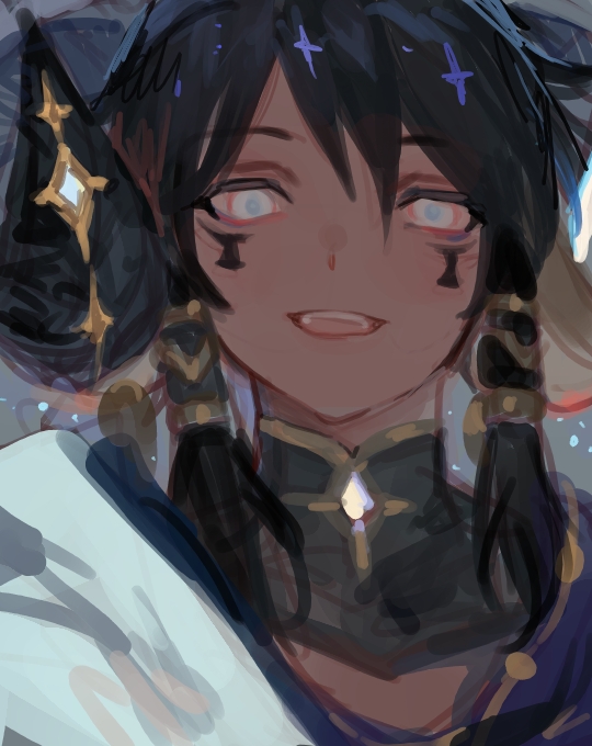 1boy, androgynous, aries_(lord_of_heroes), black_hair, blue_eyes, braid, dark-skinned_male, dark_skin, earrings, horns, jewelry, kuzuvine, looking_at_viewer, looking_down, lord_of_heroes, portrait, sheep_boy, sheep_horns, solo