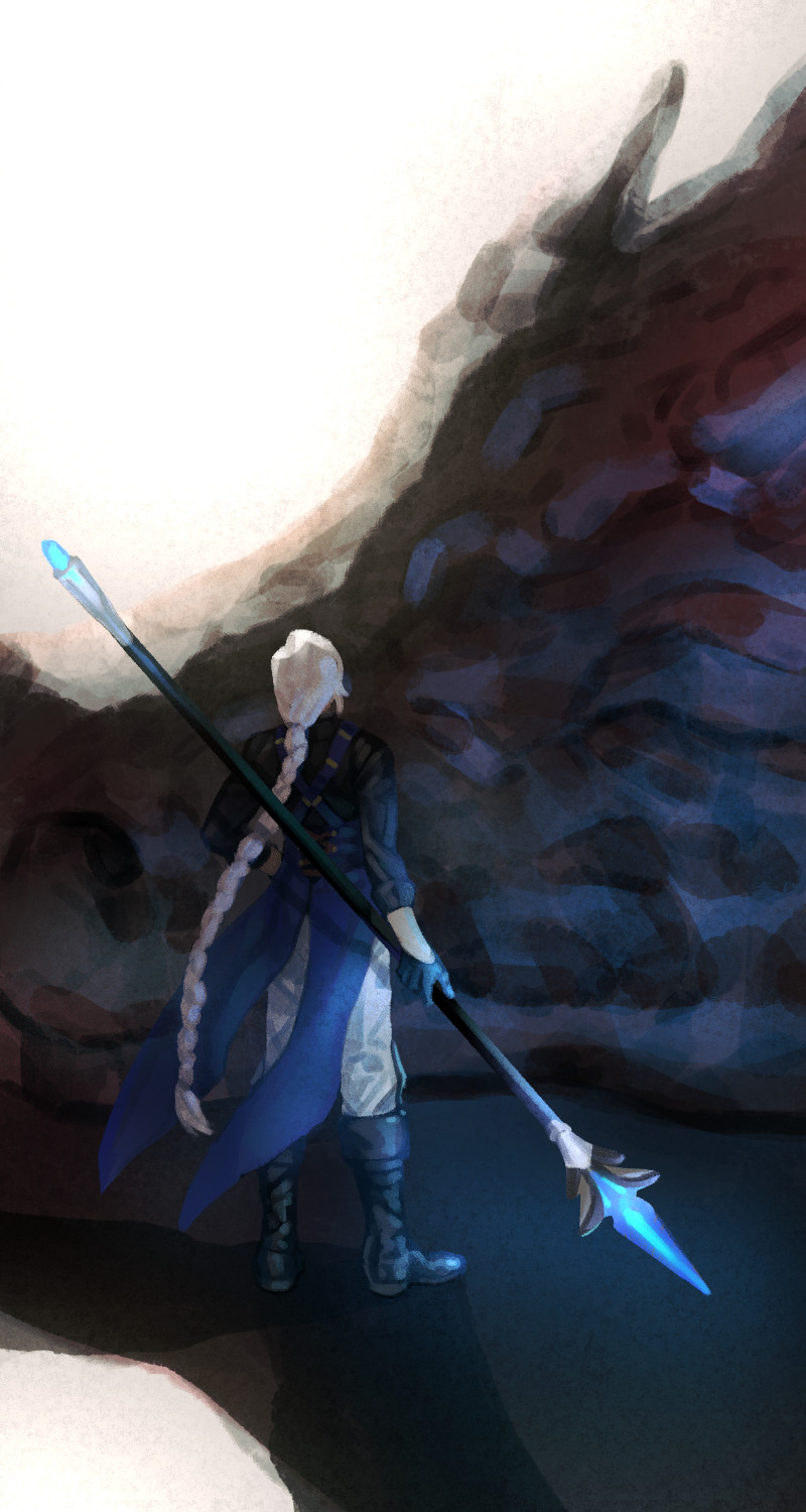 dragon, facing_away, gloves, helga_schmitt, highres, holding, holding_weapon, long_braid, long_hair, looking_away, lord_of_heroes, pale_skin, park_jiye, polearm, spear, weapon, white_hair