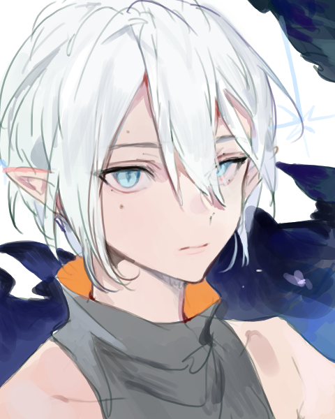 1boy, androgynous, blue_eyes, collared_shirt, elf, kuzuvine, looking_at_viewer, lord_of_heroes, mikhail_blake, mole, mole_under_eye, pale_skin, pointy_ears, shirt, sleeveless, white_hair