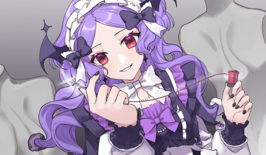 1girl, 3di_project, bat_wings, drudrusilla_purple, eyelashes, fingernails, gothic_lolita, hairband