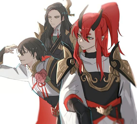 1girl, 2boys, 816_loh, aran_(lord_of_heroes), bad_id, bad_twitter_id, biryu_(lord_of_heroes), black_hair