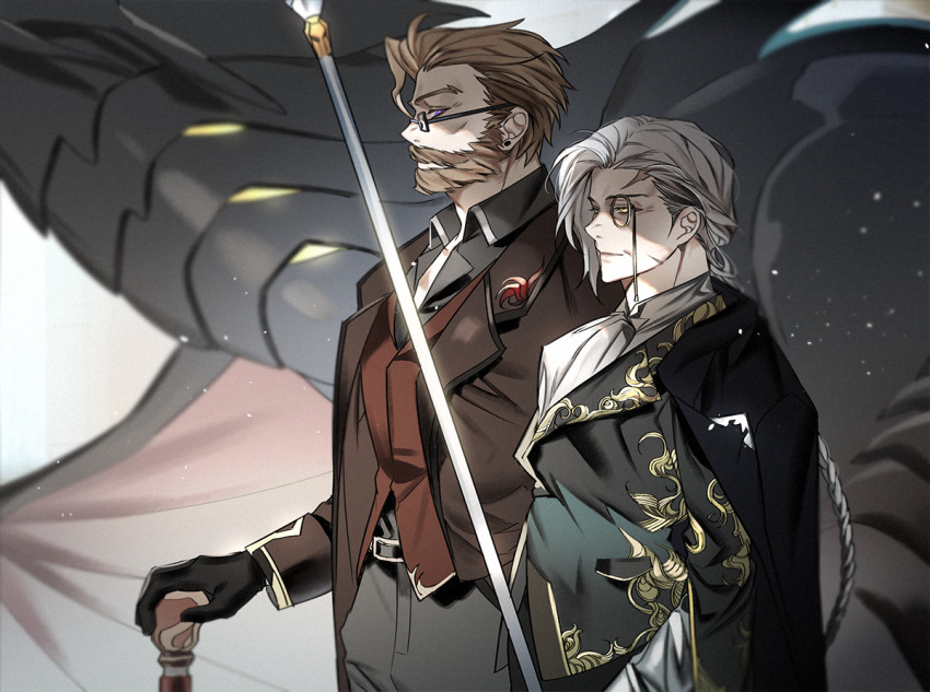 2boys, beard, braid, brown_hair, cane, earrings, facial_hair, glslwisk_opo, green_eyes, grey_hair, helga_schmitt, jewelry, long_hair, looking_to_the_side, lord_of_heroes, monocle, multiple_boys, old, pale_skin, stud_earrings, walther_bernhard