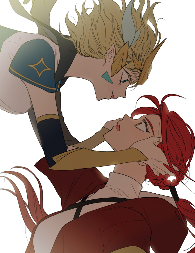 2girls, alev_valcarios, blush, green_eyes, green_hair, hands_on_another's_cheeks, hands_on_another's_face, looking_at_another