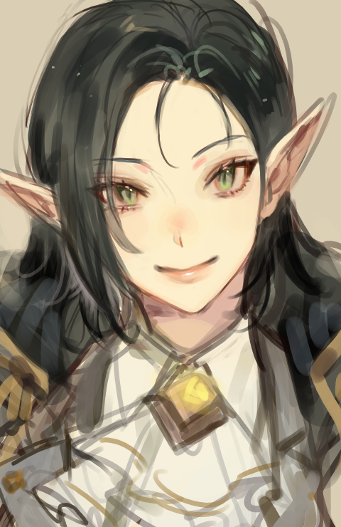 1girl, black_hair, blue_eyes, clothing_request, formal_clothes, green_eyes, kuzuvine, looking_at_viewer, lord_of_heroes, lucilicca_la'elaya, pale_skin, pointy_ears, simple_background, smile, solo, unfinished