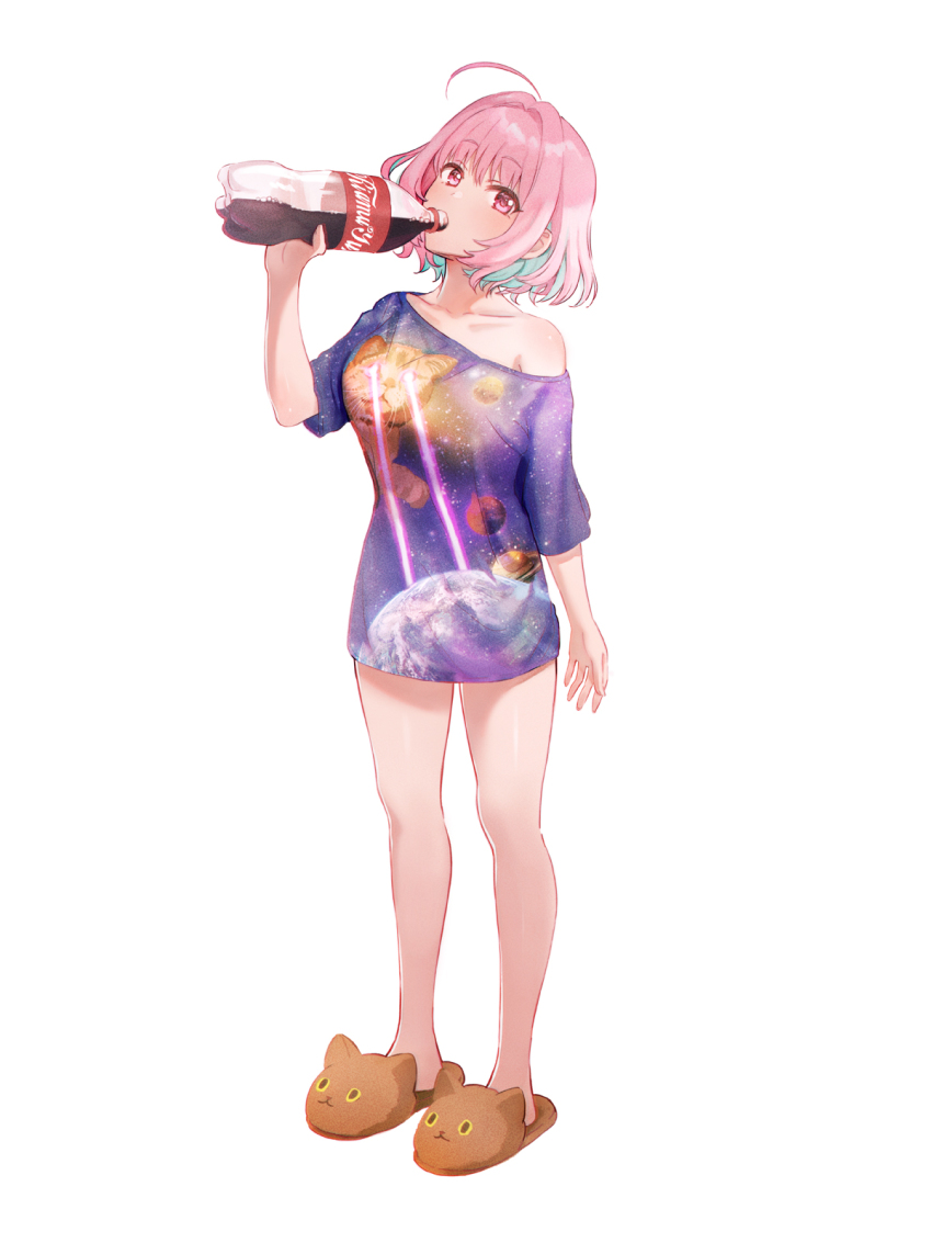 ahoge, alternate_costume, animal_slippers, bare_legs, blue_hair, bottle, cat_slippers, cola