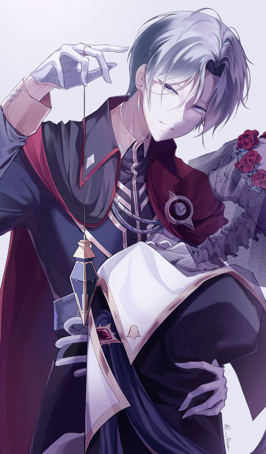 1boy, absurdres, bad_id, bad_pixiv_id, blue_eyes, bouquet, earrings, flower