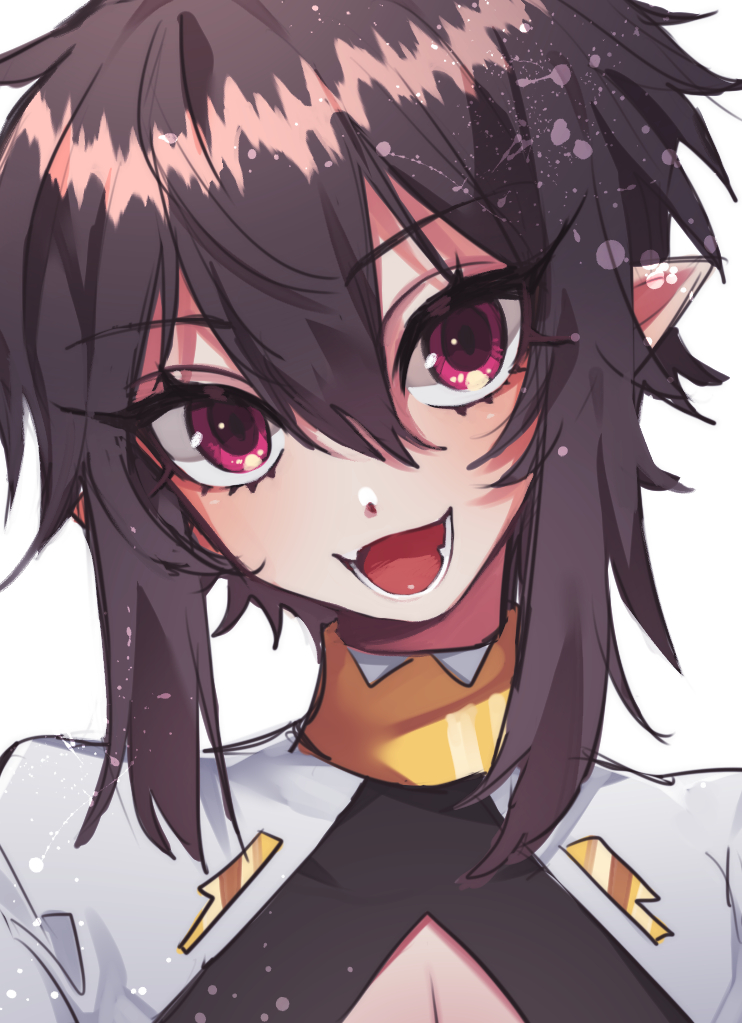 1boy, androgynous, black_hair, fang, head_tilt, koyashaka, looking_at_viewer, lord_of_heroes