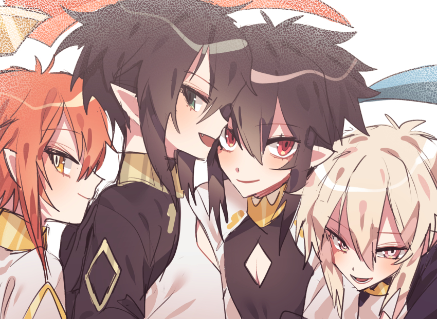 4boys, androgynous, black_hair, highres, koyashaka, laphlaes_selkena, looking_at_viewer, lord_(lord_of_heroes)