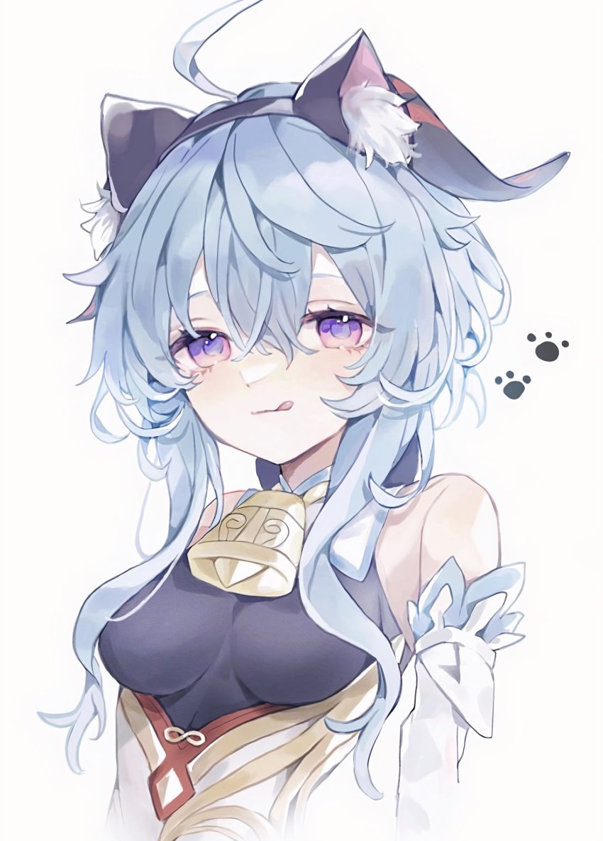 1girl, :p, absurdres, ahoge, animal_ears, bare_shoulders, bell, blue_hair