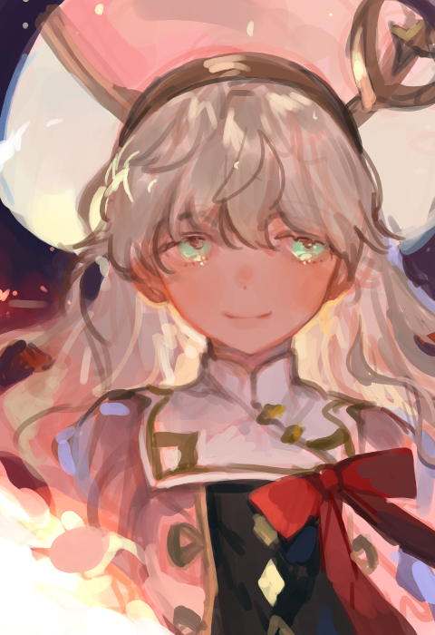 1girl, blonde_hair, blush, bow, formal_clothes, green_eyes, hat, kuzuvine, looking_at_viewer, lord_of_heroes, pale_skin, rosanna_devicci, smile, solo