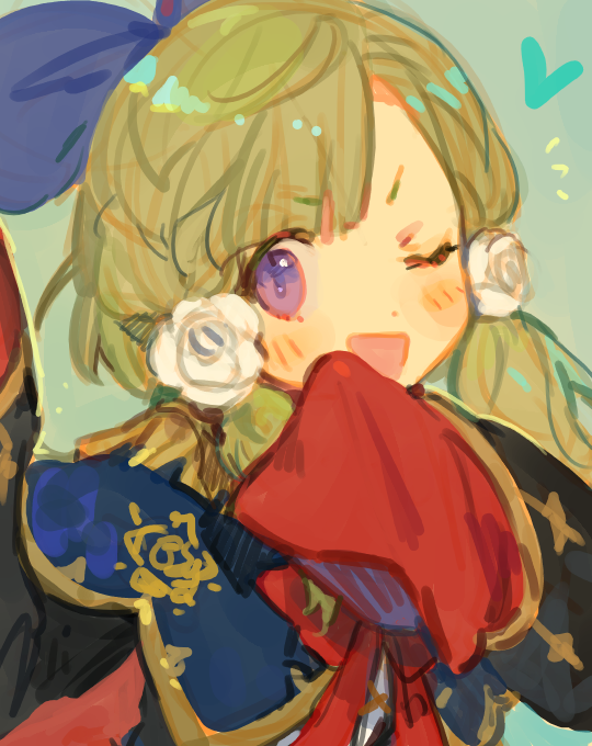 1girl, blush, cannae_le_fey, flower, green_hair, hair_flower, hair_ornament, kuzuvine