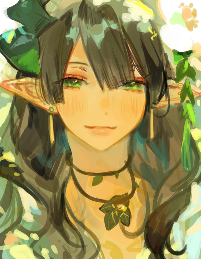 1girl, blush, bow, brown_hair, earrings, elf, floating_earrings, green_eyes