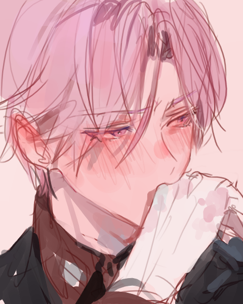 1boy, covering_own_mouth, embarrassed, flustered, gloves, hand_over_own_mouth, humiliation, joshua_levinth, kuzuvine, looking_away, lord_of_heroes, male_focus, pale_skin, pink_eyes, pink_hair, solo, white_background