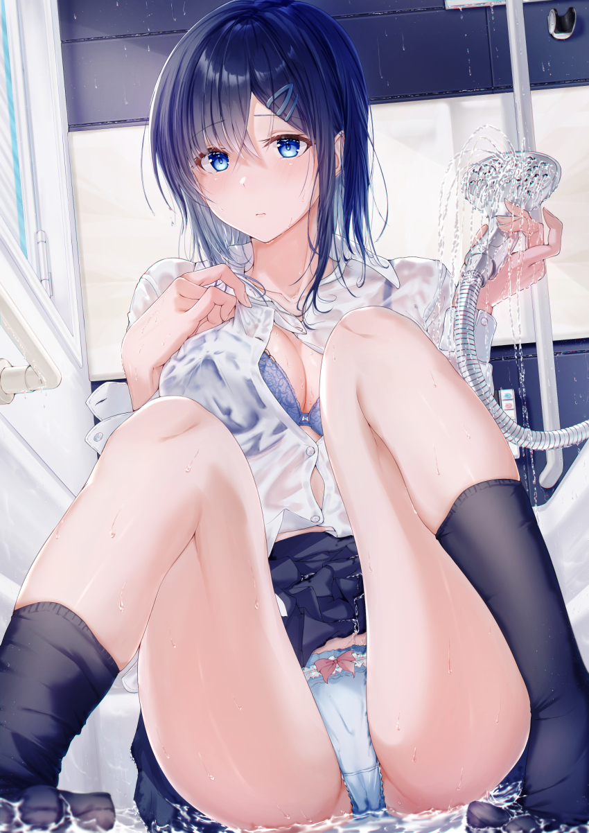 1girl, ass, bathtub, black_legwear, black_skirt, blue_bra, blue_eyes, blue_hair