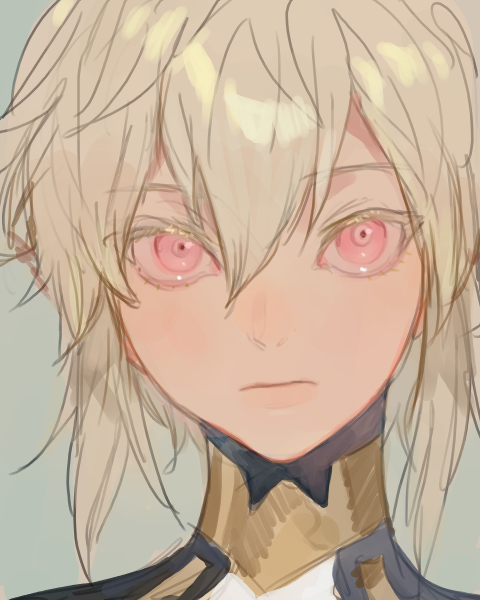 1boy, androgynous, blonde_hair, blush, kuzuvine, looking_at_viewer, lord_of_heroes, male_focus, nine_(lord_of_heroes), pale_skin, pink_eyes, pointy_ears, portrait, solo, trap