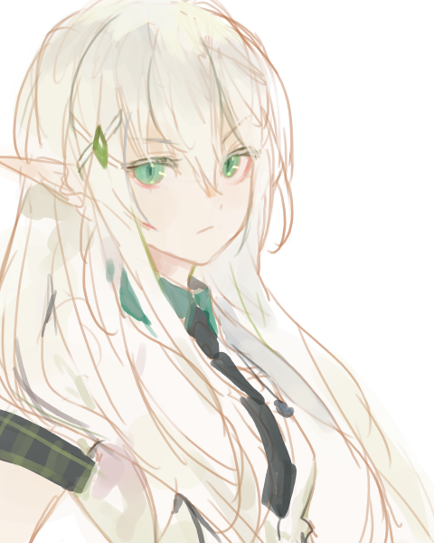 1girl, elf, green_eyes, hair_ornament, hairclip, kuzuvine, long_hair, looking_at_viewer, lord_of_heroes, necktie, olivia_pavlichenko, pale_skin, pointy_ears, shirt, solo, tsundere, white_hair
