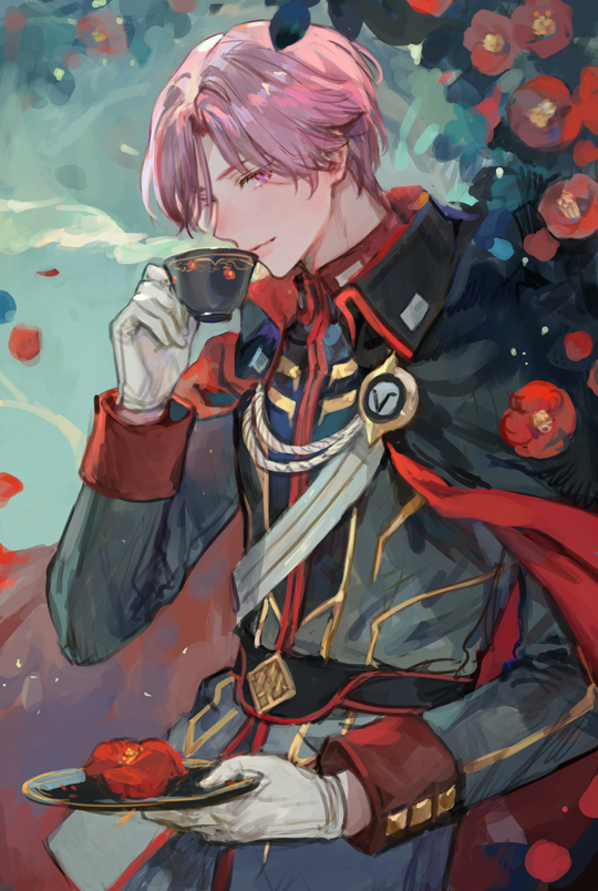 1boy, cape, cup, flower, formal_clothes, garden, joshua_levinth, kuzuvine