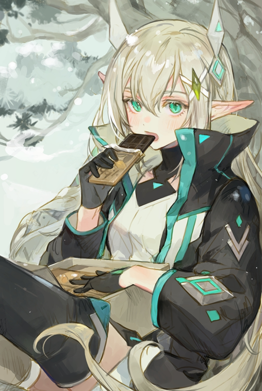 1girl, blonde_hair, blush, candy, chocolate, chocolate_bar, eating, elf, food, gloves, green_eyes, hair_ornament, hairclip, jacket, kuzuvine, long_hair, long_sleeves, looking_at_viewer, lord_of_heroes, olivia_pavlichenko, open_mouth, pale_skin, pointy_ears
