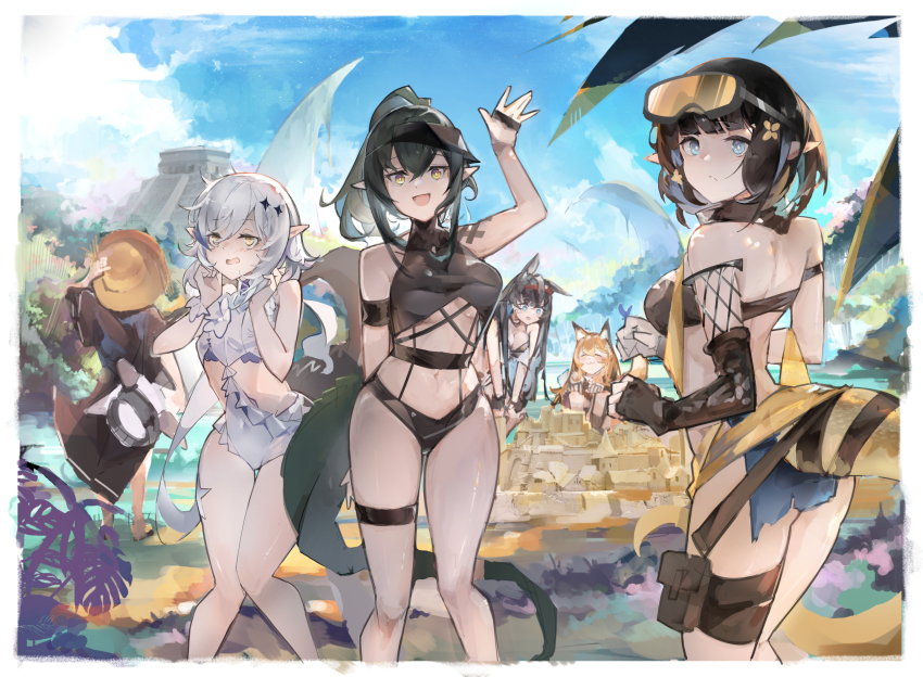 6+girls, :3, :d, ^_^, absurdres, animal_ears, arknights, black_gloves, black_hair, blaze_(arknights), blaze_(summer)_(arknights), blue_eyes, blue_hair, blush, border, breasts, bug, building_sand_sculpture, butterfly, butterfly_on_hand, ceobe_(arknights), ceobe_(summer_flowers)_(arknights), cleavage, closed_eyes, crocodilian_tail, dog_ears, dog_girl, dog_tail, eunectes_(arknights), feet_out_of_frame, fingerless_gloves, flower, from_behind, gavial_(arknights), gavial_(summer)_(arknights), gloves, goggles, goggles_on_head, green_hair, hair_between_eyes, hair_flower, hair_ornament, hairband, highres, insect, jumbowhopper, large_breasts, long_hair, looking_at_viewer, medium_breasts, multicolored_hair, multiple_girls, navel, official_alternate_costume, one-piece_swimsuit, open_mouth, outdoors, pelvic_curtain, pointy_ears, ponytail, pouch, red_hairband, sand_castle, sand_sculpture, short_hair, small_breasts, smile, snake_tail, sparkle_hair_ornament, squatting, streaked_hair, sweatdrop, swimsuit, tail, temple, thigh_strap, thighs, tomimi_(arknights), tomimi_(silent_night)_(arknights), underboob, utage_(arknights), utage_(summer_flowers)_(arknights), waist_cutout, waving, white_border, white_hair, white_one-piece_swimsuit, yellow_eyes