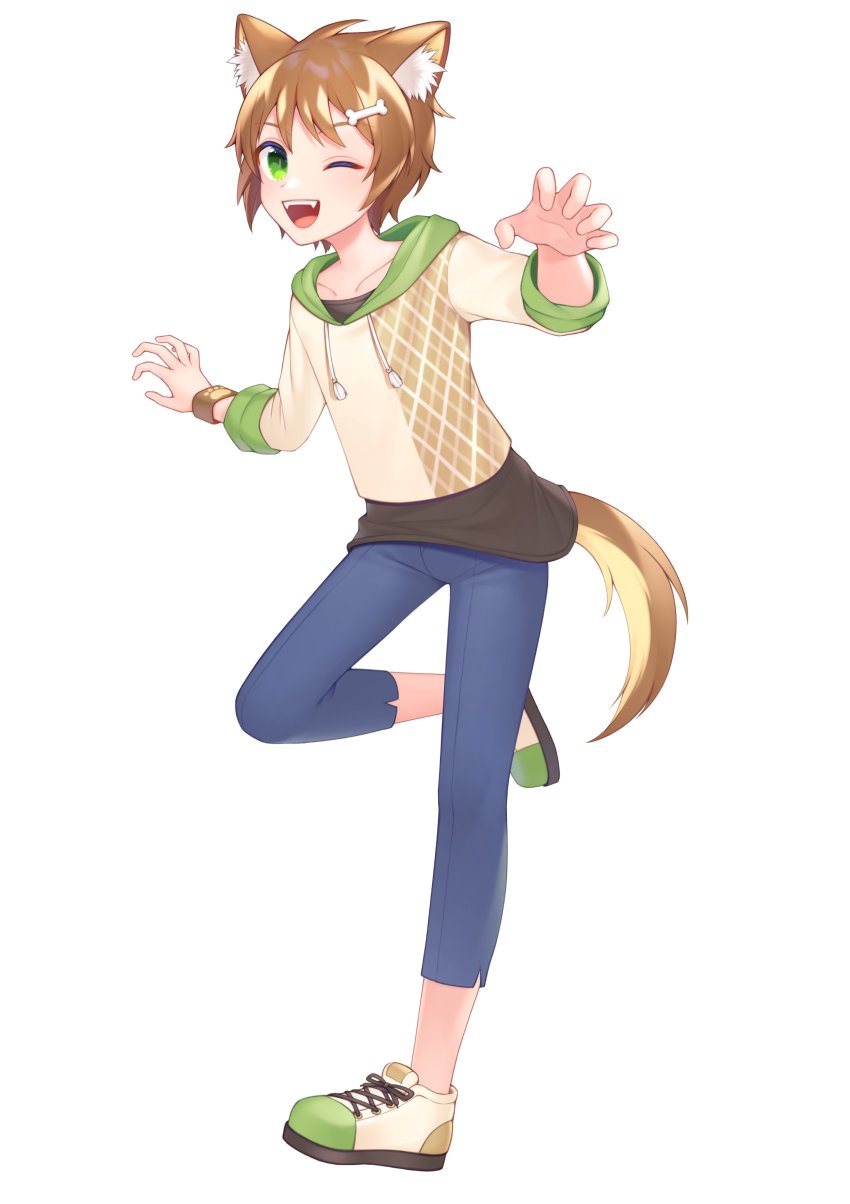 1boy, absurdres, animal_ears, blush, brown_hair, dog_boy, dog_ears, dog_tail, full_body, green_eyes, highres, hood, hood_down, hoshimelon, indie_virtual_youtuber, inumiya_uri, official_art, one_eye_closed, pale_skin, solo, tail, virtual_youtuber