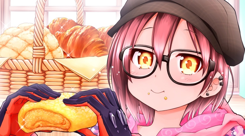 1girl, basket, blush, bread, brown_eyes, brown_hair, brown_hat, closed_mouth