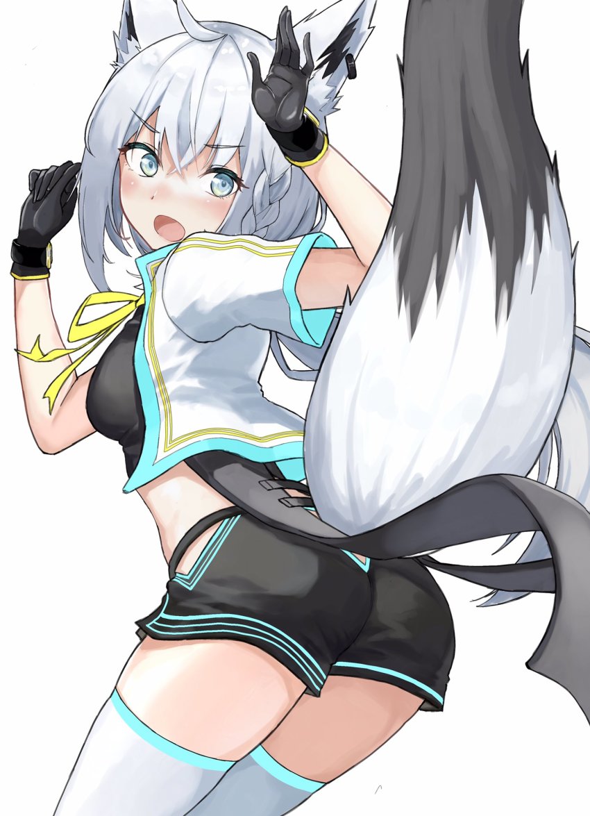 1girl, ahoge, animal_ears, ass, black_gloves, black_shirt, black_shorts, blush, braid, breasts, commentary_request, crop_top, earrings, fox_ears, fox_girl, fox_tail, gloves, green_eyes, hair_between_eyes, highres, hololive, jewelry, long_hair, looking_at_viewer, looking_back, open_mouth, shirakami_fubuki, shirt, short_shorts, short_sleeves, shorts, sidelocks, simple_background, single_braid, small_breasts, solo, tail, thighhighs, vest, virtual_youtuber, white_background, white_hair, white_thighhighs, white_vest, yubi_pen