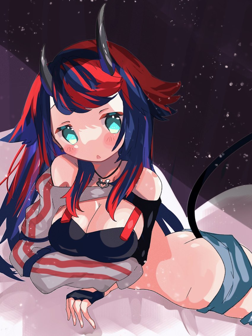 1girl, arm_under_breasts, ass, bikini, bikini_top_only, black_bikini, black_gloves, black_hair, blue_eyes, blue_shorts, breasts, butt_crack, cleavage, commentary_request, demon_girl, demon_horns, fingerless_gloves, gloves, grey_jacket, highres, horns, jacket, jewelry, large_breasts, long_hair, looking_at_viewer, lying, multicolored_hair, nanashi_inc., necklace, official_alternate_costume, on_stomach, open_mouth, piercing, pointy_ears, red_hair, ryugasaki_rene, ryugasaki_rene_(2nd_costume), shio_midori, short_shorts, shorts, shrug_(clothing), single_glove, single_sleeve, solo, striped_clothes, striped_jacket, swimsuit, two-tone_hair, virtual_youtuber