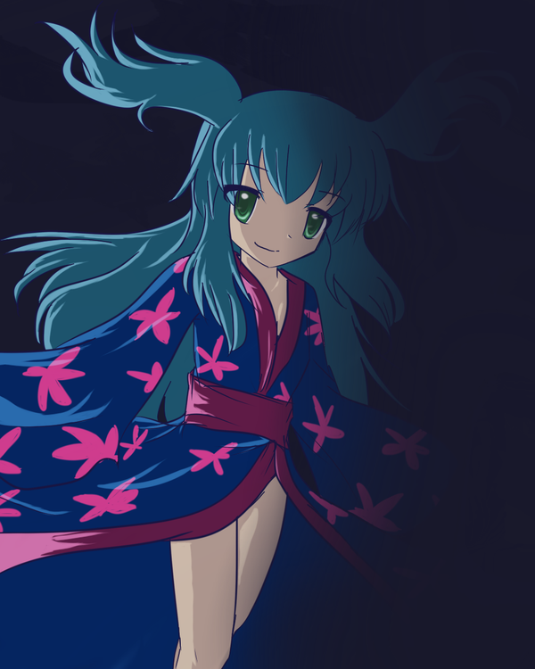 1girl, black_background, blue_hair, female_focus, green_eyes, japanese_clothes, kimono, sashiromiya_sasha