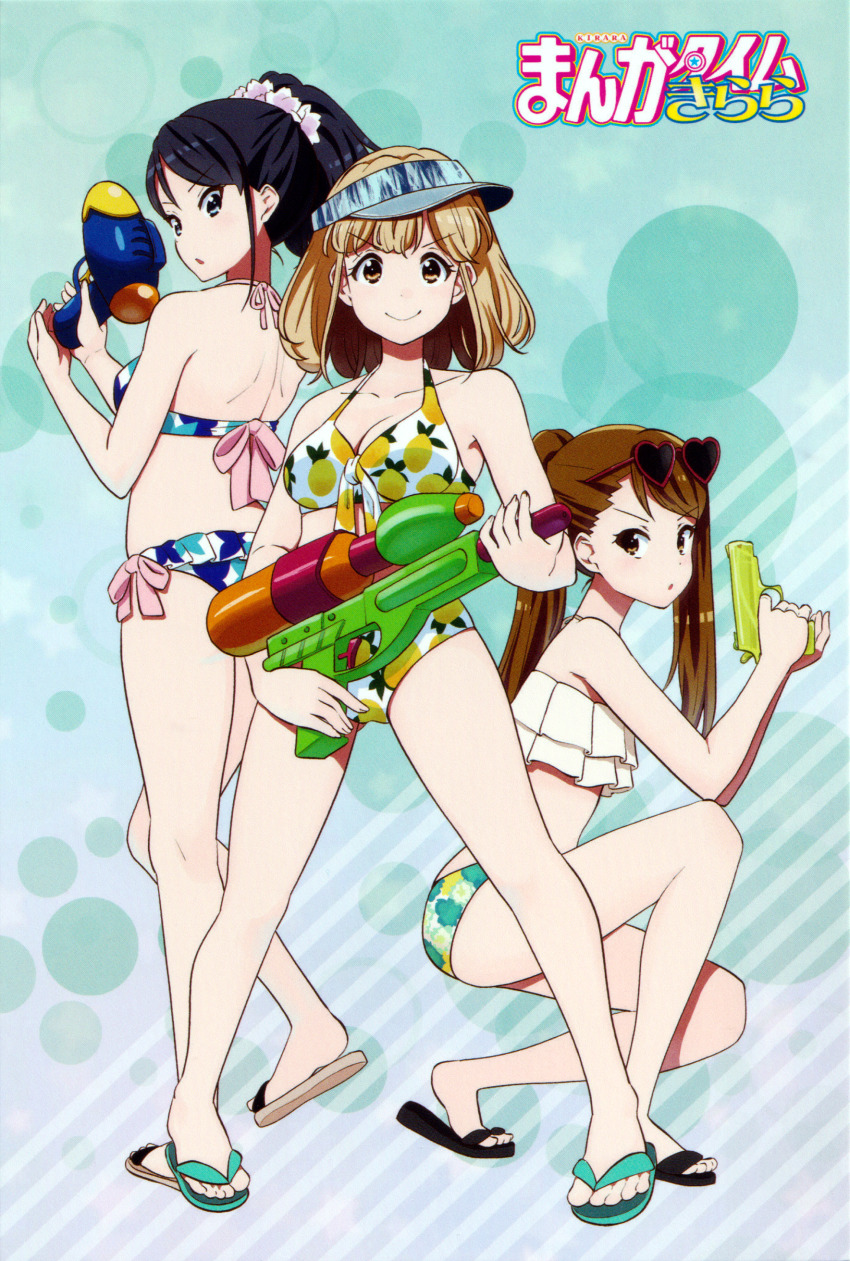 3girls, absurdres, bikini, black_hair, blonde_hair, blue_background, blue_eyes, brown_eyes, brown_hair, eyewear_on_head, flip-flops, floral_print, highres, k-on!, k-on!_shuffle, kakifly, leaf_print, long_hair, looking_at_viewer, manga_time_kirara, multiple_girls, official_art, on_one_knee, open_mouth, pineapple_print, ponytail, sakuma_yukari, sandals, sawabe_maho, scan, scan_artifacts, serious, shimizu_kaede, smile, swimsuit, visor_cap, water_gun