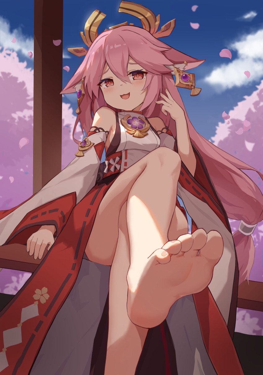 1girl, absurdres, animal_ears, bare_legs, bare_shoulders, barefoot, blush, cherry_blossoms, cloud, cropped_legs, crossed_legs, earrings, feet, foot_focus, foreshortening, fox_ears, fox_girl, genshin_impact, hair_between_eyes, highres, japanese_clothes, jewelry, long_hair, looking_at_viewer, low-tied_long_hair, miko, open_mouth, outdoors, pink_hair, red_eyes, sitting, sky, smug, soles, solo, synring97, toes, very_long_hair, vision_(genshin_impact), yae_miko