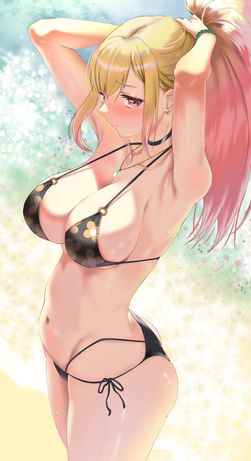 1girl, absurdres, armpits, arms_behind_head, arms_up, ass, beach, bead_bracelet