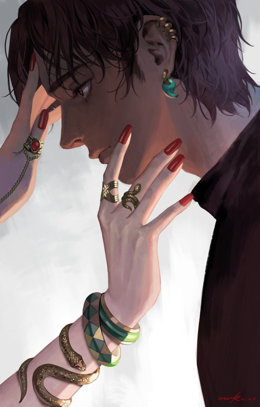 1boy, absurdres, animal-themed_ring, bangle, bracelet, chain, closed_mouth, earrings