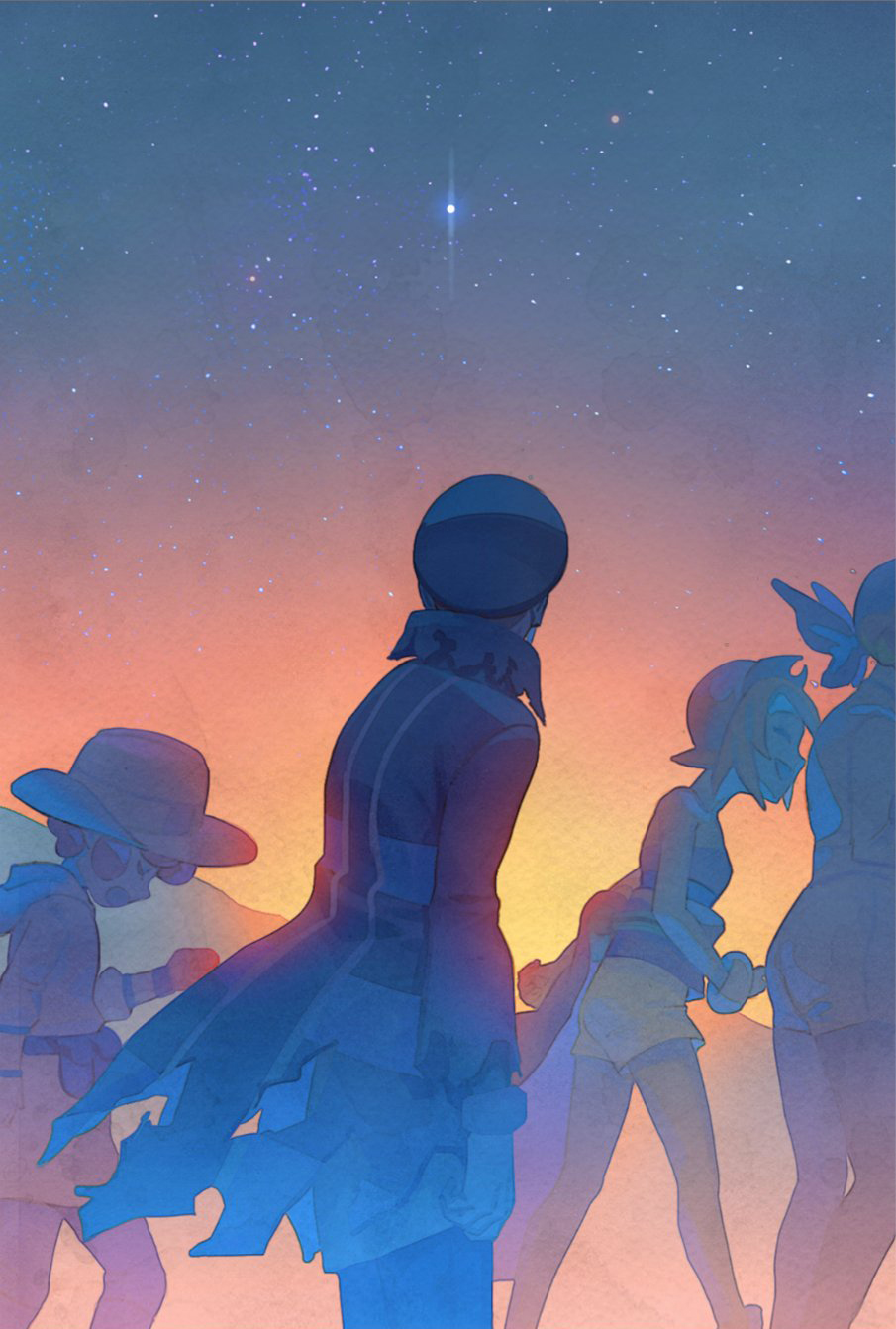 2boys, 2girls, bracelet, coat, commentary_request, hat, high_collar, highres