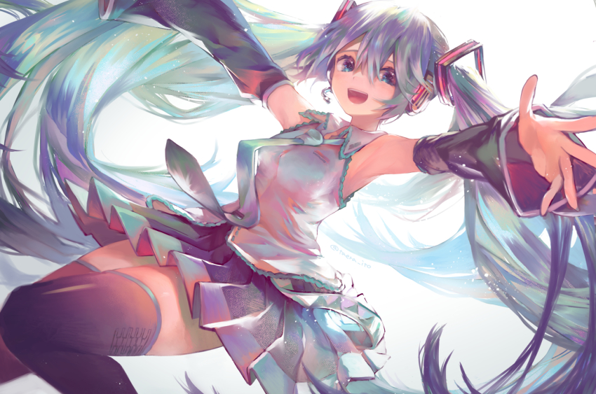 1girl, :d, absurdly_long_hair, armpits, black_skirt, black_sleeves, black_thighhighs, blue_eyes