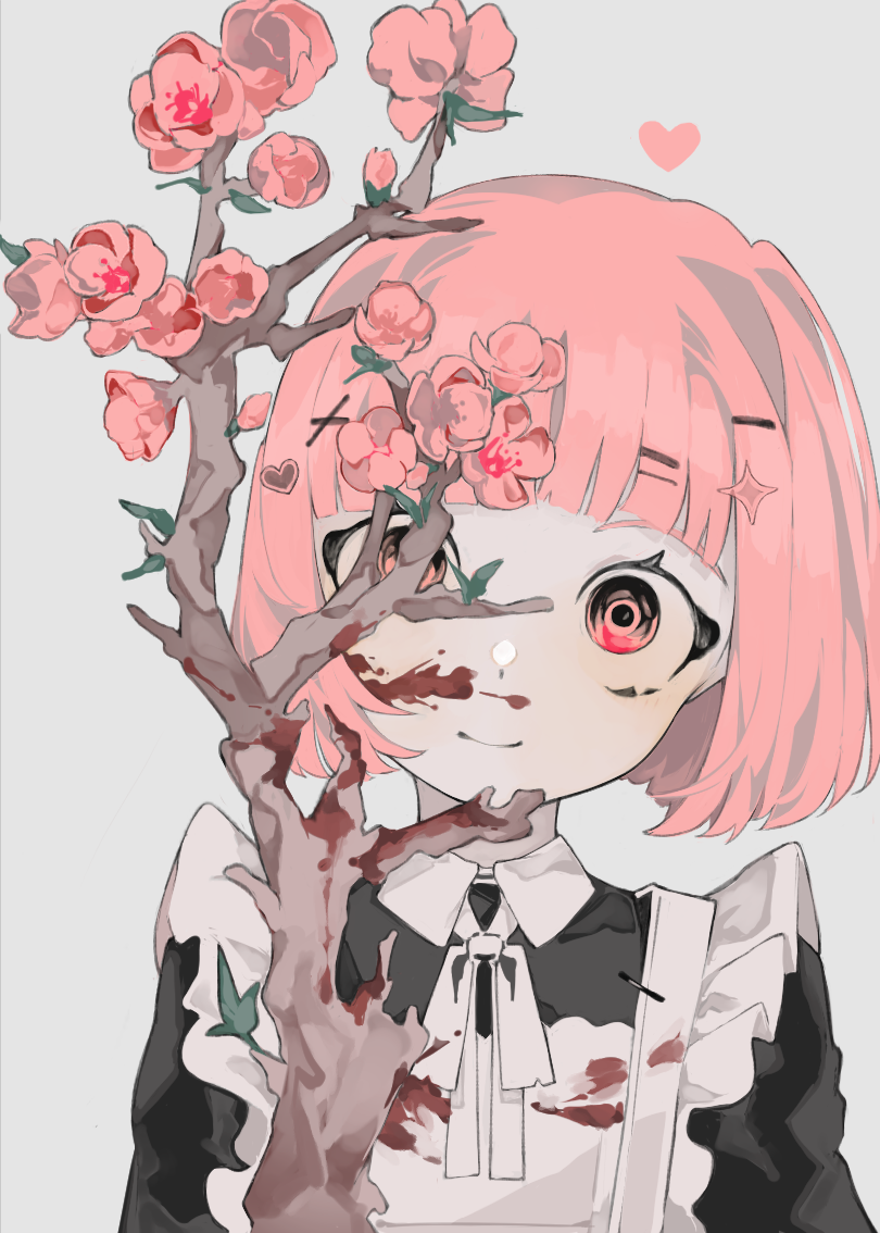 1girl, apron, black_dress, blood, blood_on_face, bob_cut, branch, closed_mouth
