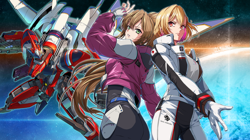 2girls, ashizawa_saki, ass, belt, blonde_hair, blue_eyes, breasts, brown_hair