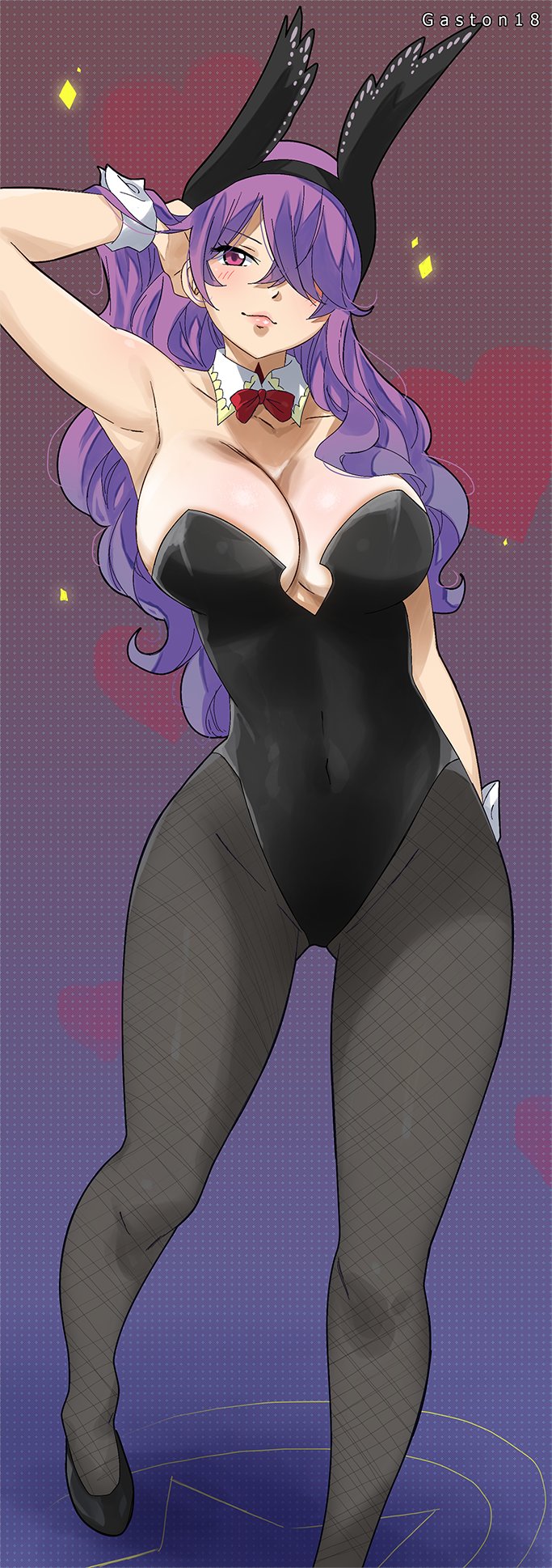 1girl, breasts, cleavage, colorized, eden's_zero, gaston18, hair_over_one_eye, highres, holy_(eden's_zero), large_breasts, long_hair, mashima_hiro, matching_hair/eyes, one_eye_covered, playboy_bunny, purple_eyes, purple_hair, rabbit_ears, solo, standing