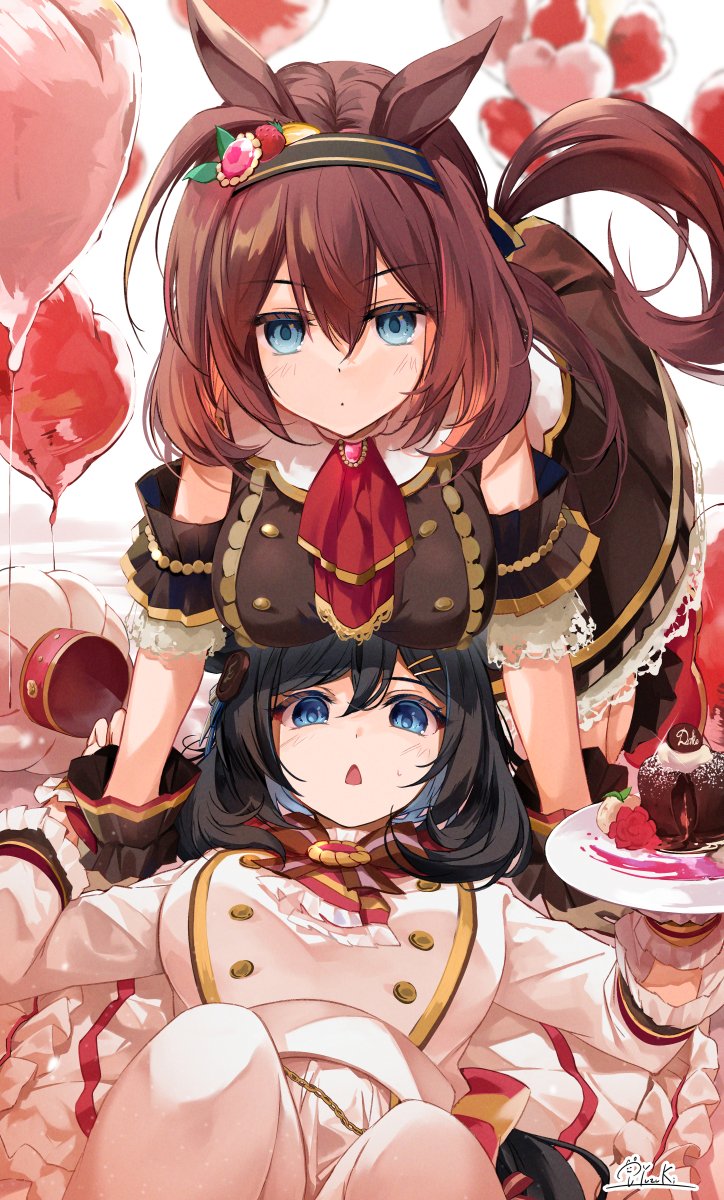 2girls, animal_ears, arm_support, artist_name, ascot, balloon, black_hair, black_hairband