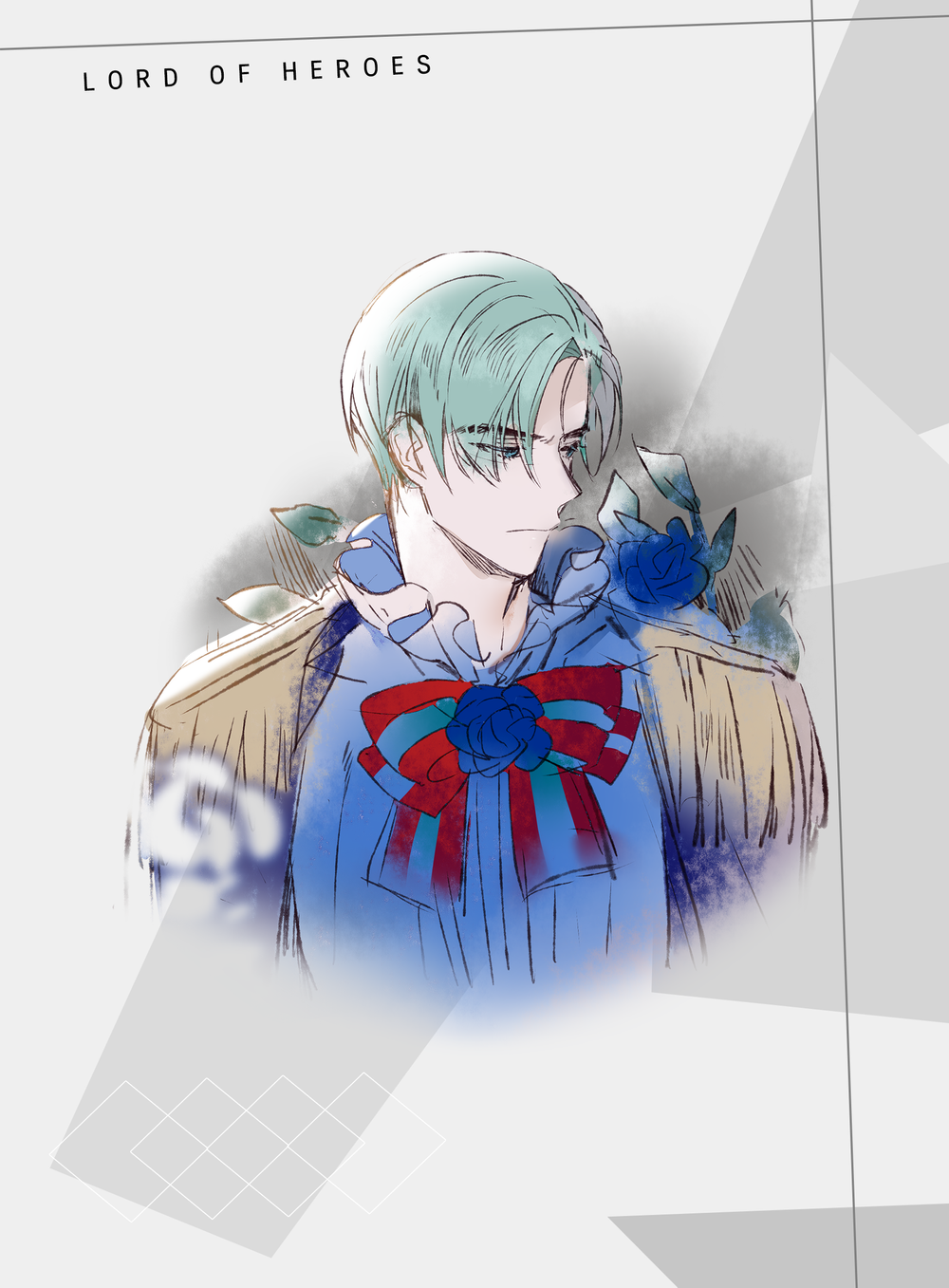 1boy, blue_eyes, blue_hair, charles_iii_(lord_of_heroes), clover_games, flower, formal_clothes, highres, looking_to_the_side, lord_of_heroes, official_art, pale_skin, rose, sketch, solo