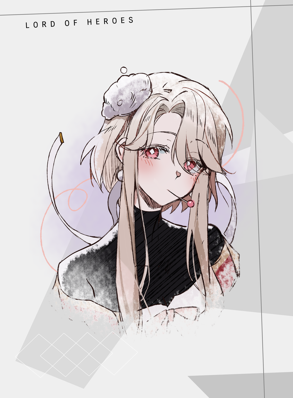 1girl, aurea_(lord_of_heroes), blonde_hair, blush, bob_cut, clover_games, head_tilt, highres, looking_at_viewer, lord_of_heroes, needle_in_mouth, official_art, pale_skin, red_eyes, solo