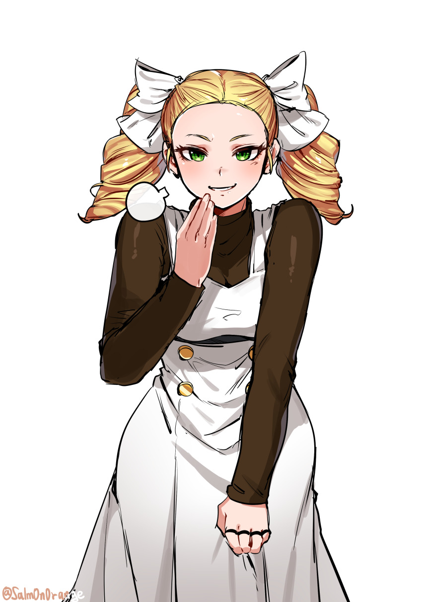 1girl, absurdres, blonde_hair, dress, drill_hair, green_eyes, grin, hair_ribbon