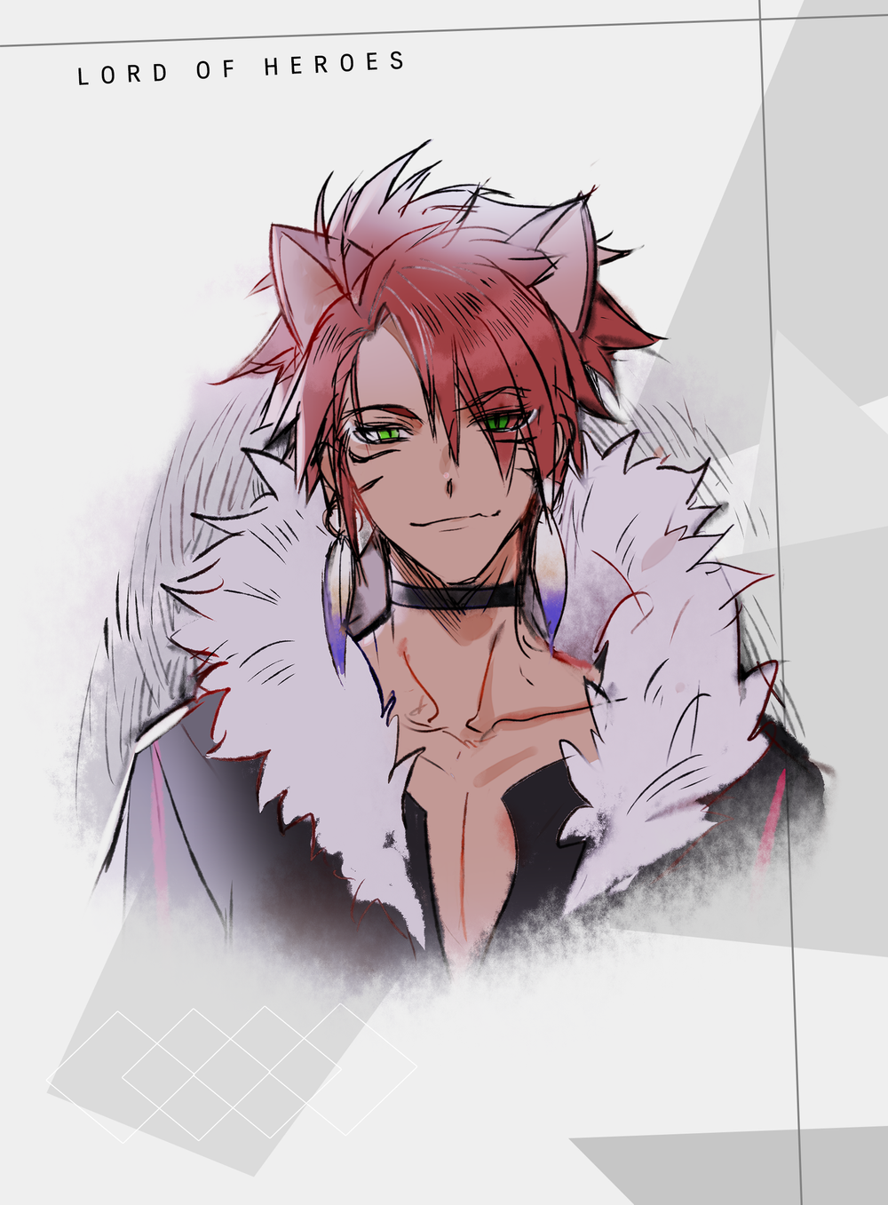 1boy, animal_ears, cat_boy, cat_ears, choker, clover_games, dark-skinned_male, dark_skin, green_eyes, highres, looking_at_viewer, lord_of_heroes, male_focus, marking_on_cheek, official_art, red_hair, ricardo_(lord_of_heroes)