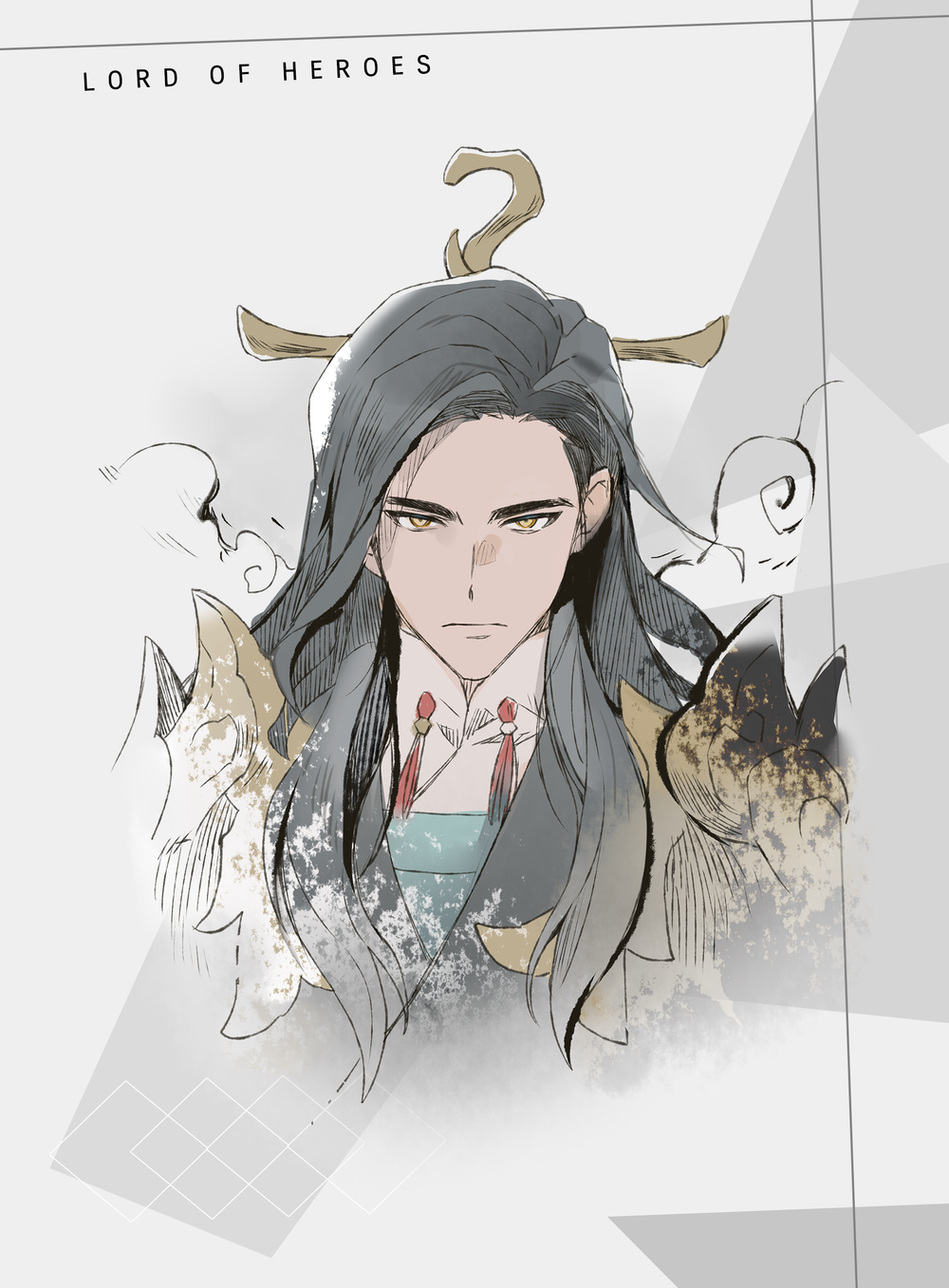 1boy, biryu_(lord_of_heroes), black_hair, clover_games, english_text, highres, long_hair, looking_at_viewer