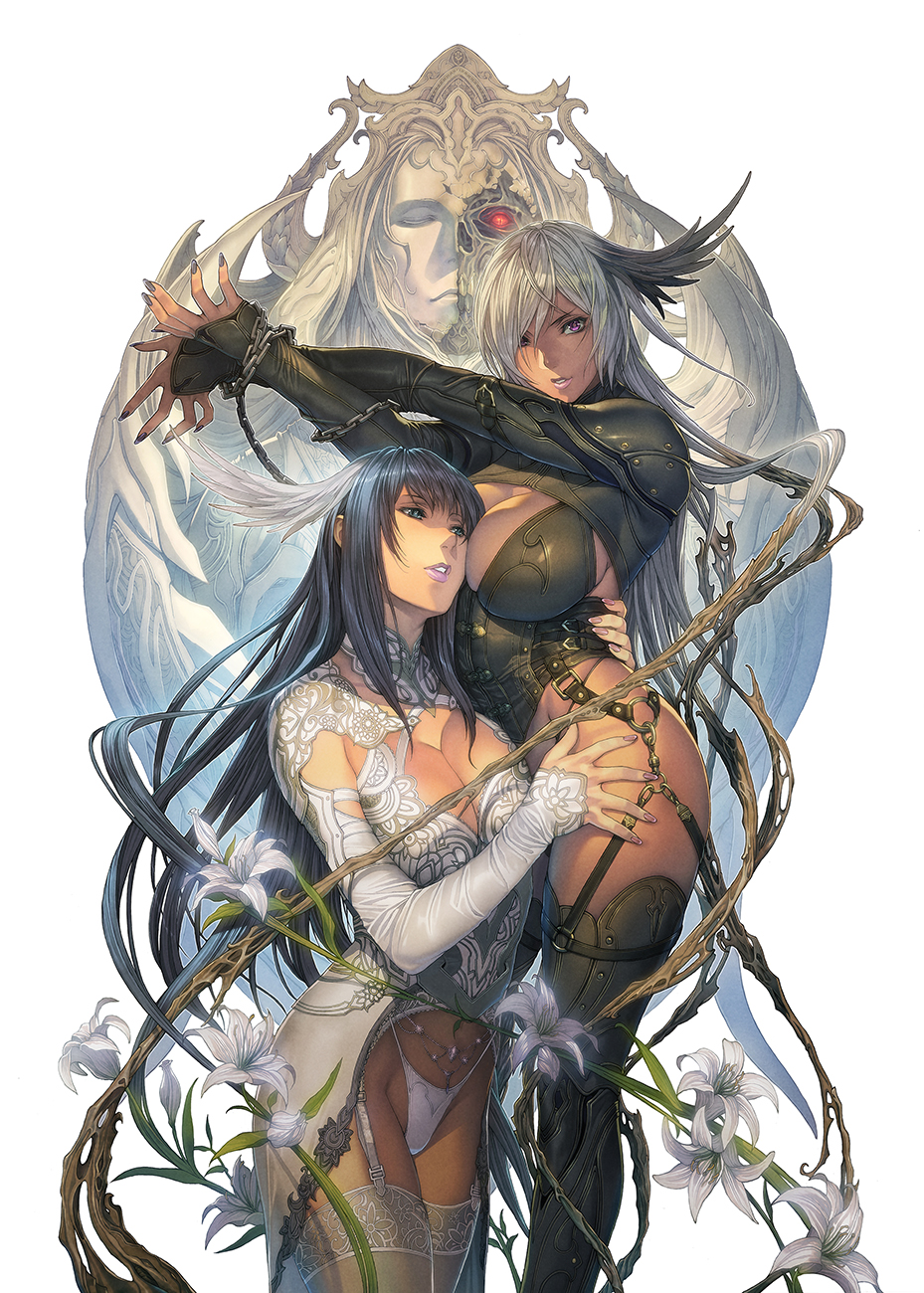 2girls, art_nouveau, black_hair, black_nails, black_thighhighs, black_vs_white, blue_eyes, bra